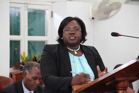 Junior Minister responsible for Social Development in the Nevis Island Administration Hon. Hazel Brandy-Williams makes her first official presentation at the Nevis Island Assembly Chambers, during the 2013 Budget Debate at Hamilton House in Charlestown on April 29, 2013, with Premier of Nevis Hon. Vance Amory seating in the background